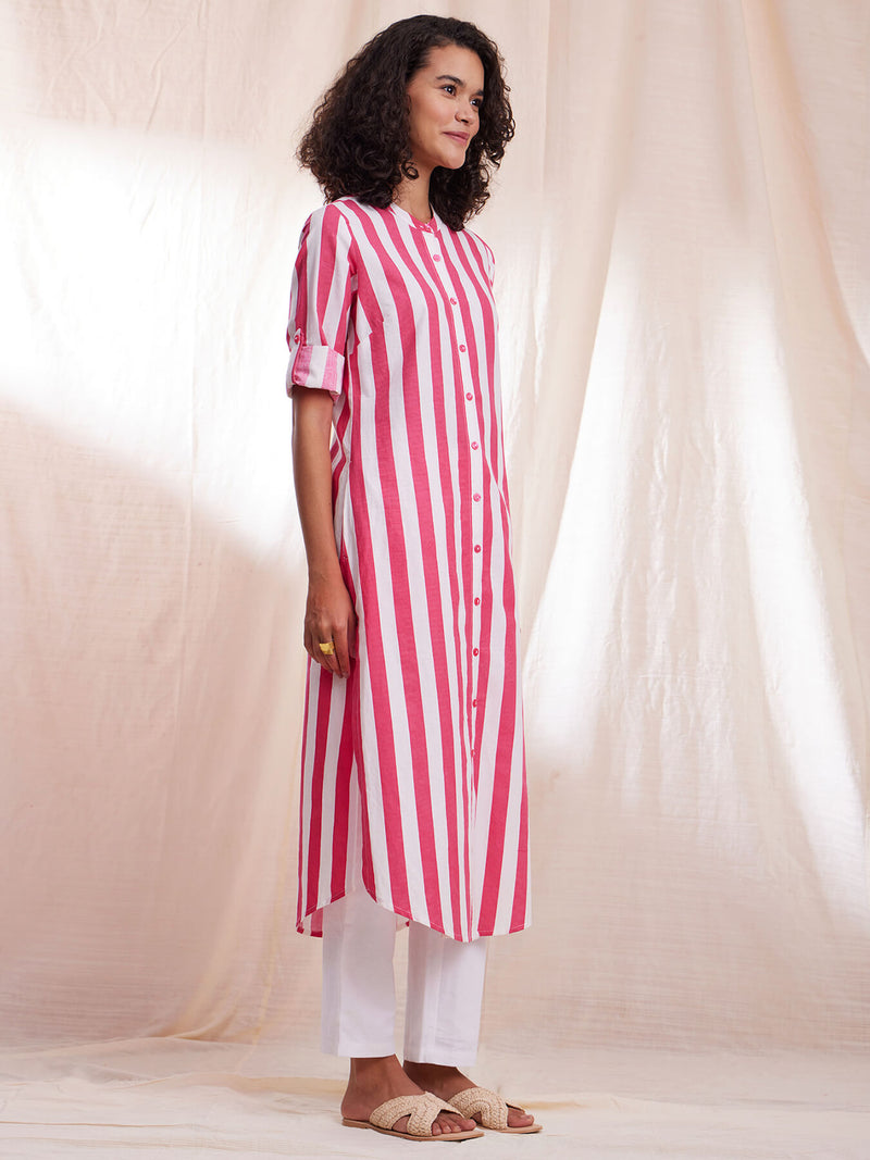 Cotton Poplin Stripe Play Straight Kurta - Pink & White