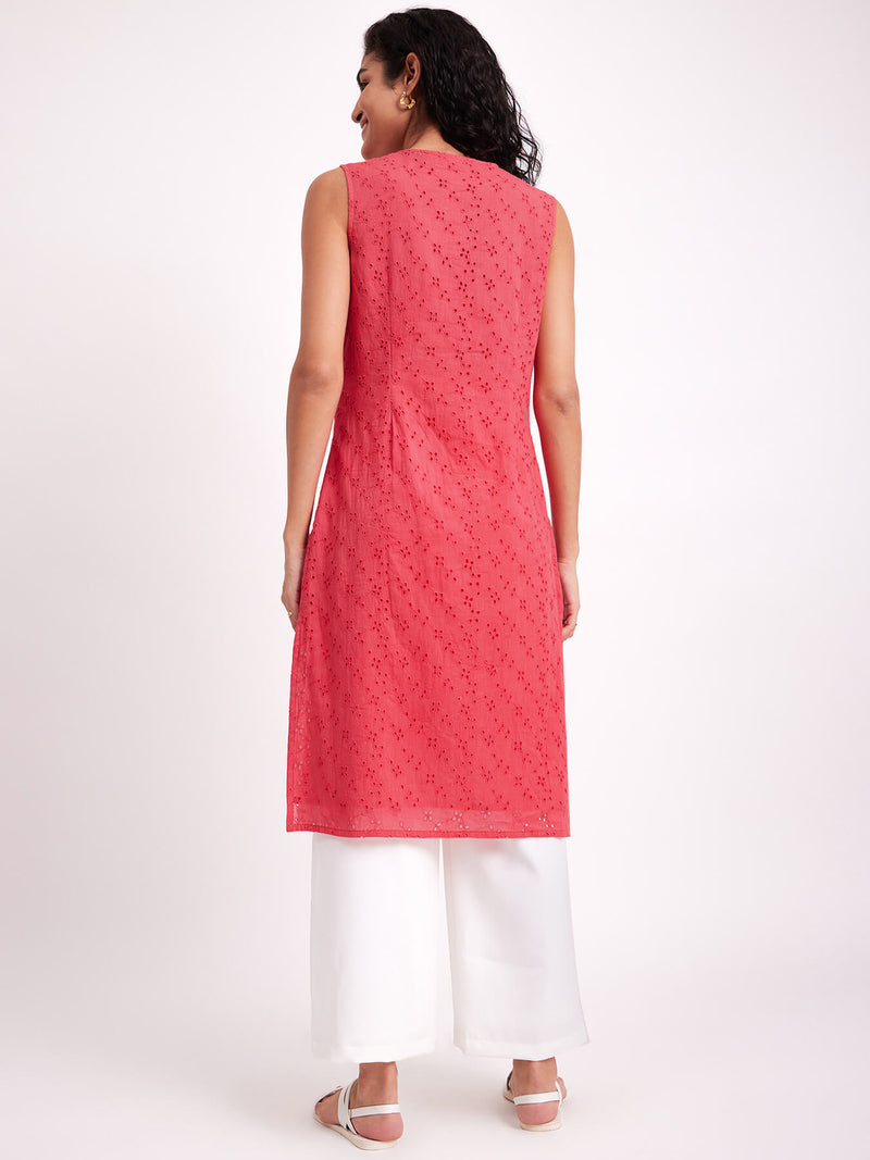 Sleeveless Cotton Schiffli Embroidered Straight Kurta - Pink