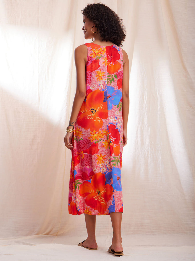 Sleeveless Floral A line Dress - Multicolour