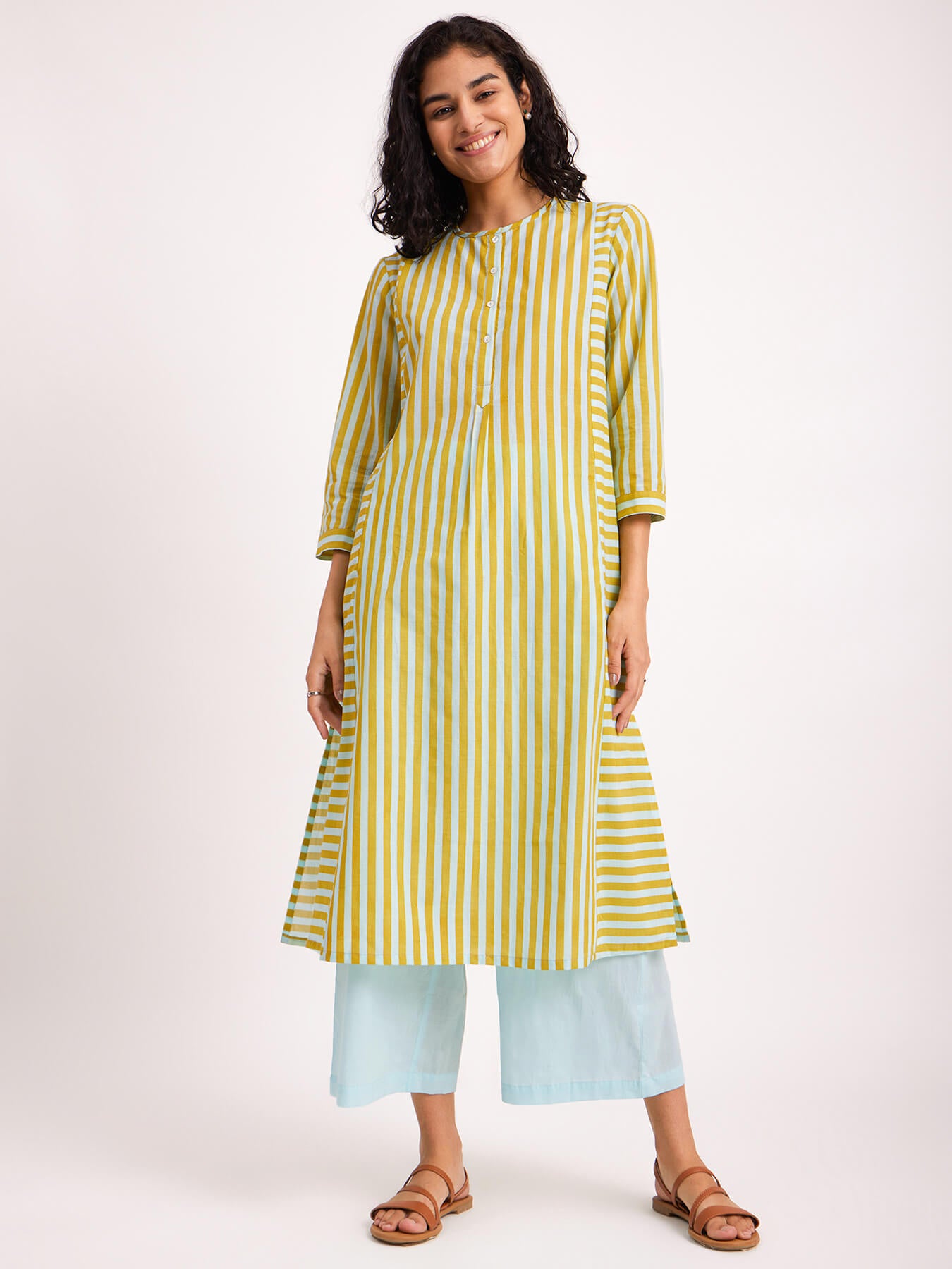 Cotton Stripe Play Kurta - Blue & Yellow