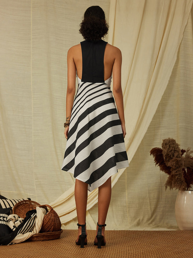 Cotton Stripe Play Halterneck Dress - Black & Cream