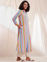 Cotton Stripe A-line Shirt Collar Kurta - Multicolour