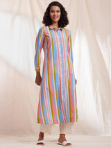 Cotton Stripe A-line Shirt Collar Kurta - Multicolour