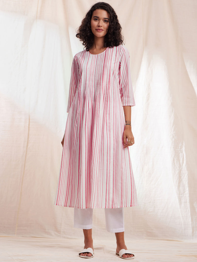 Cotton Stripe A-line Kurta - Pink & White