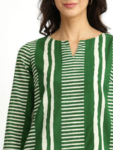 Cotton Geometric Print Kurta - Green
