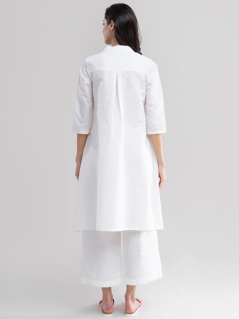 Flared Linen Kurta Set - White