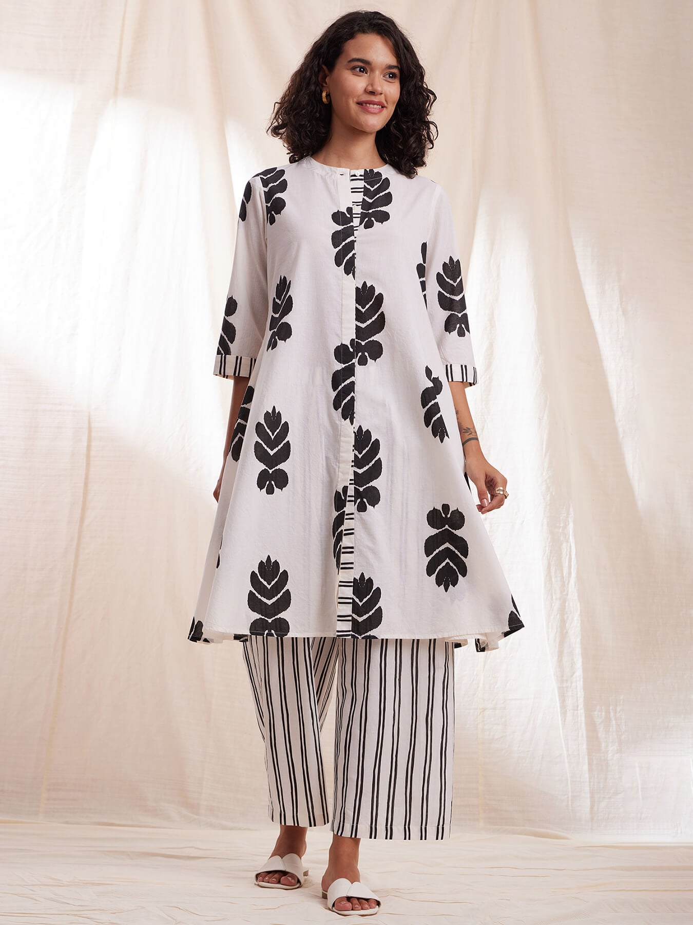 Cotton Ikat A-line Kurta Set - Black & White