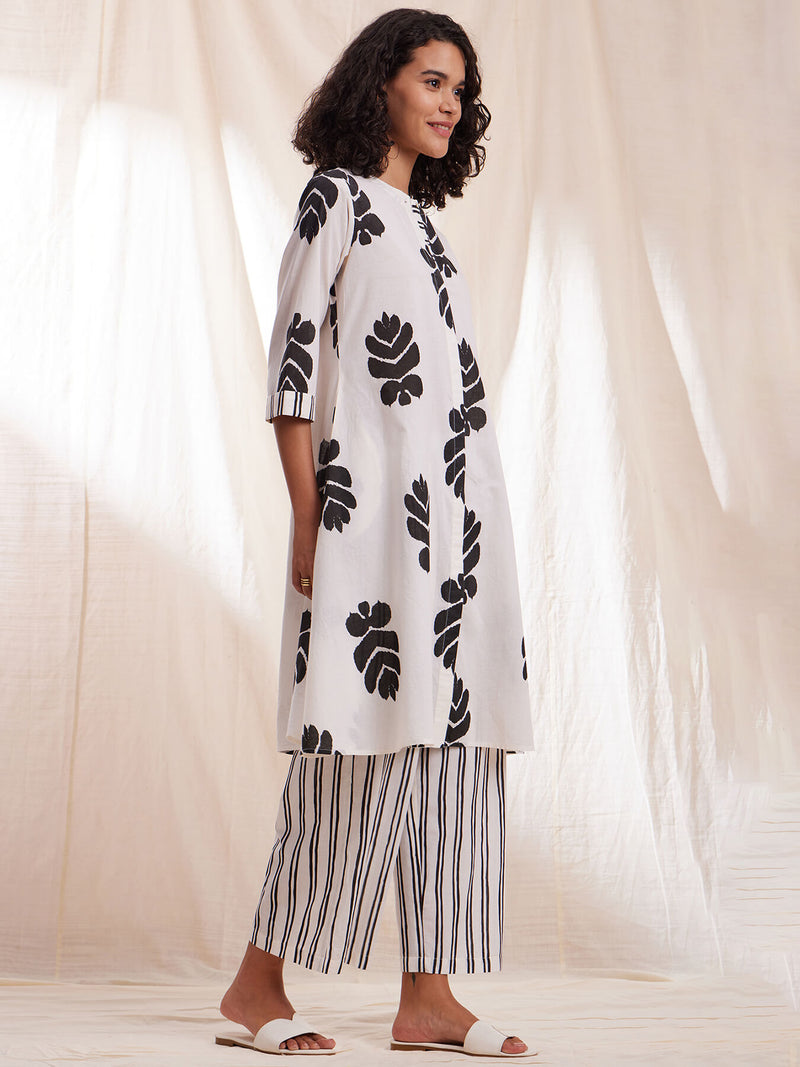 Cotton Ikat A-line Kurta Set - Black & White