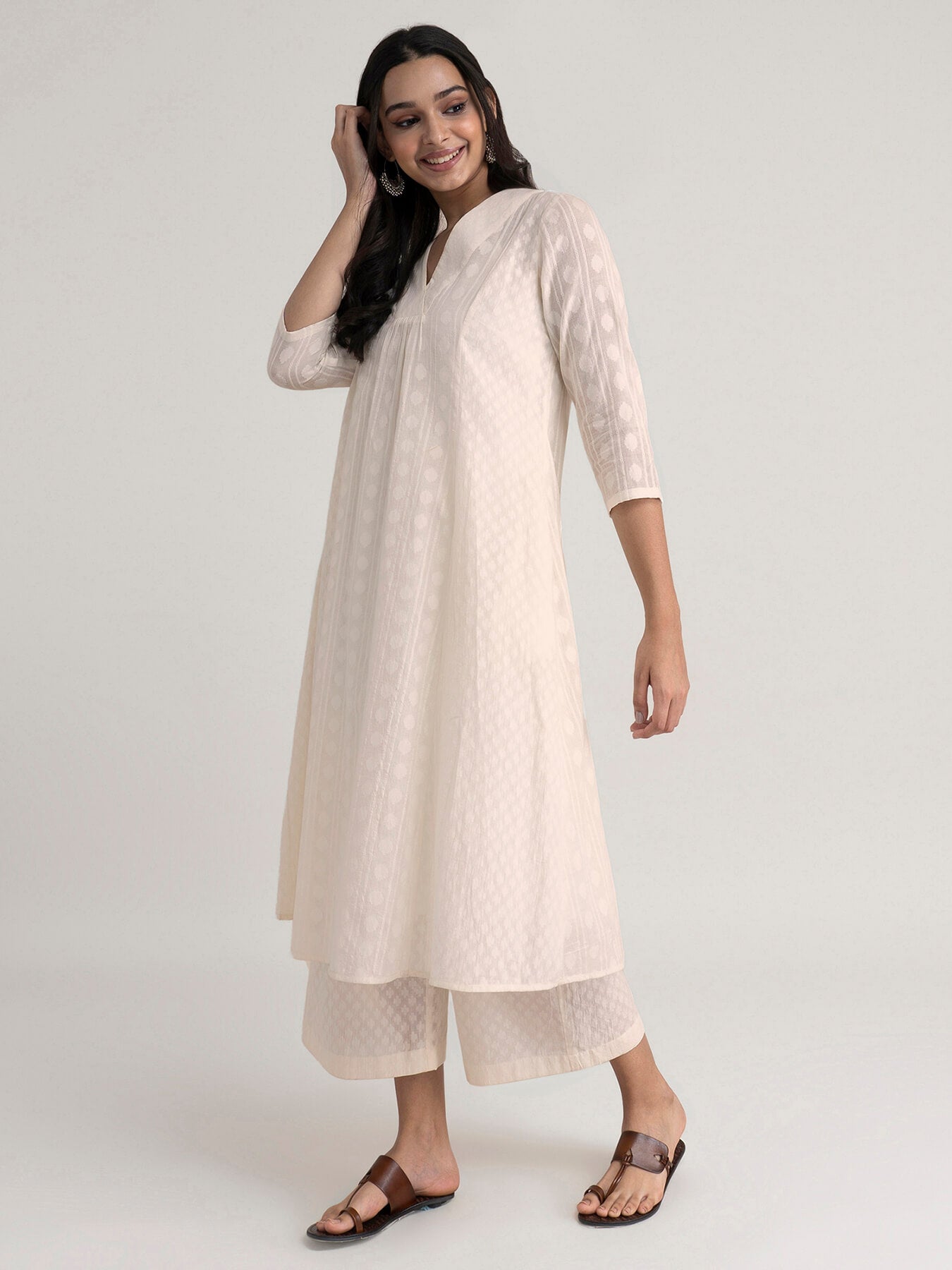 Cotton Jacquard Kurta Set - Off White