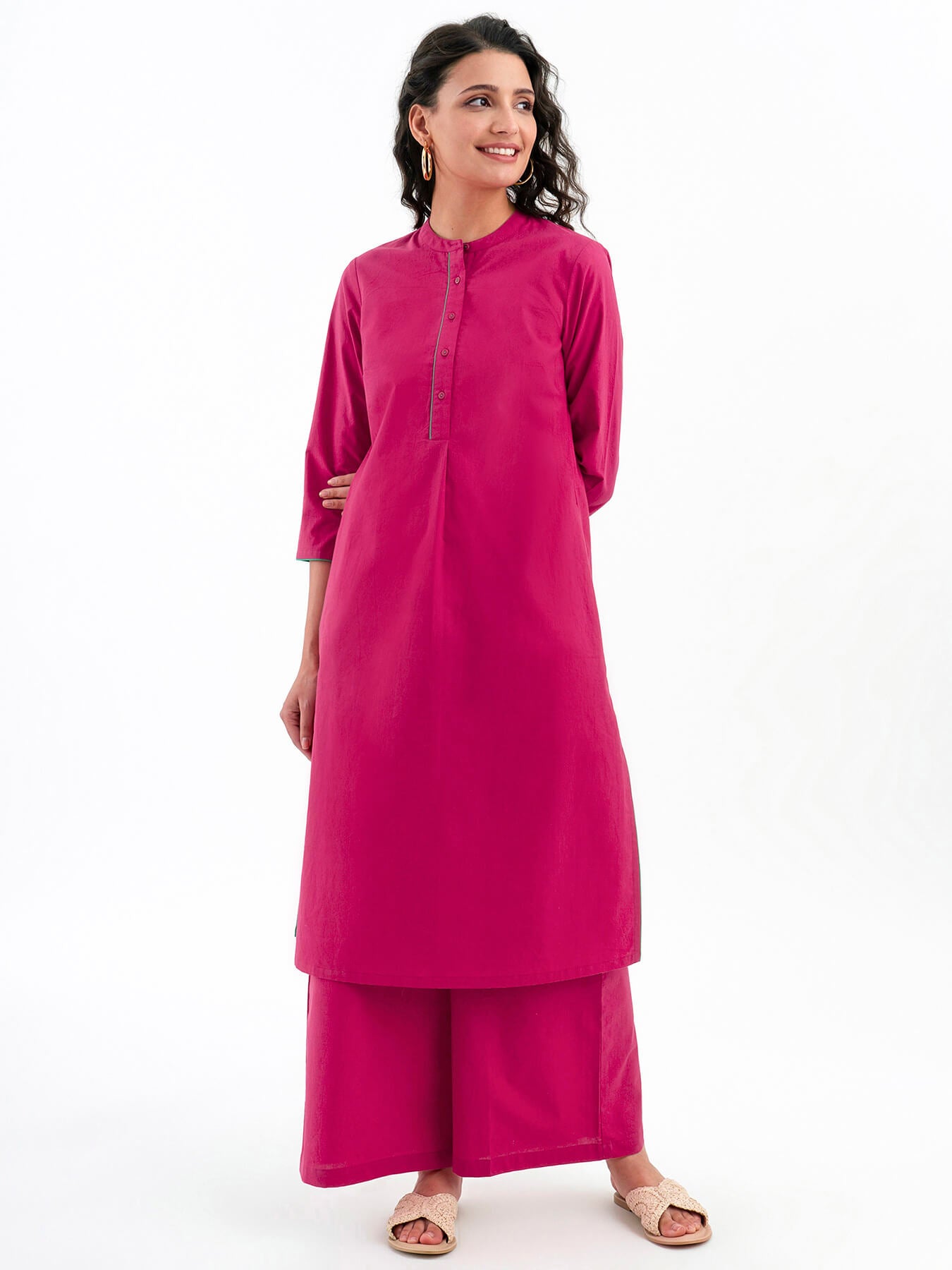 Buy Pink Solid Cotton Poplin Straight Kurta Set Online | Pink Fort ...