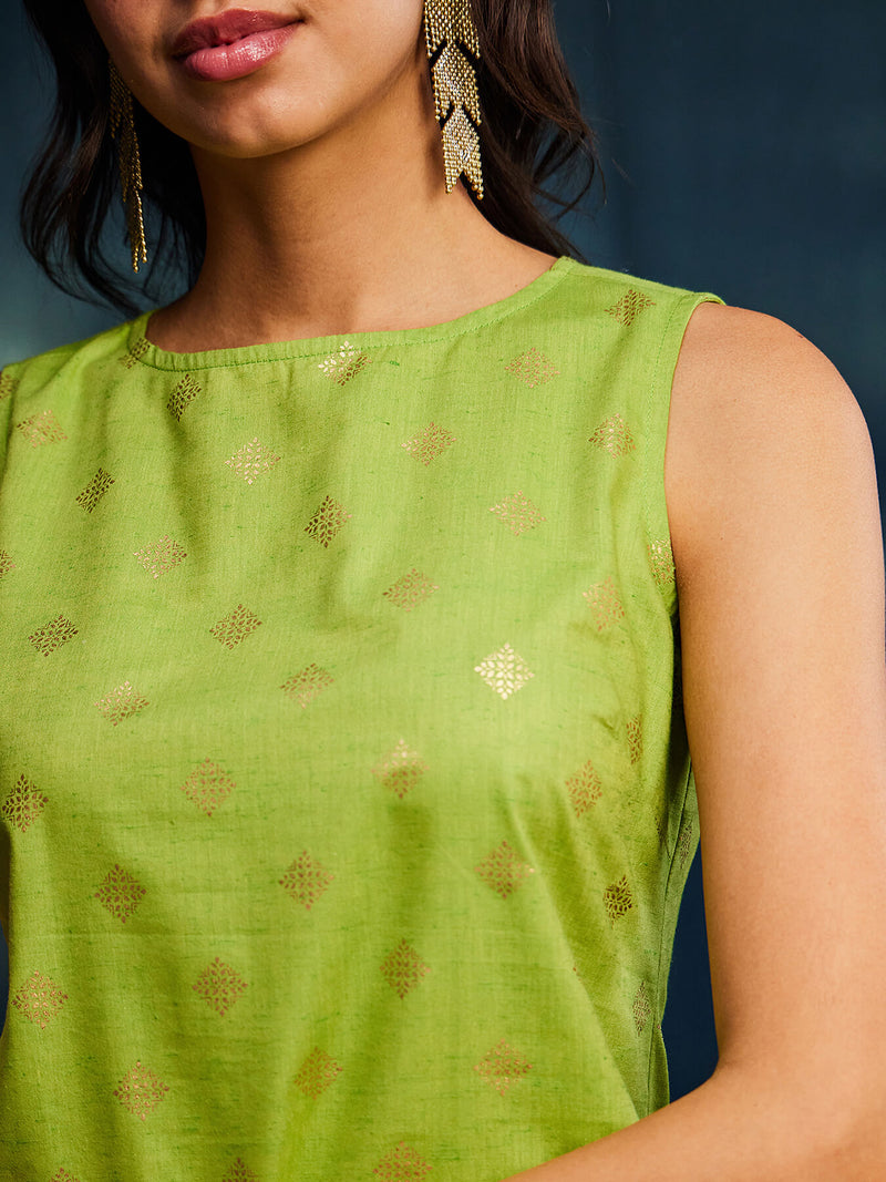 Sleeveless Cotton Foil Print A-line Kurta Set - Green