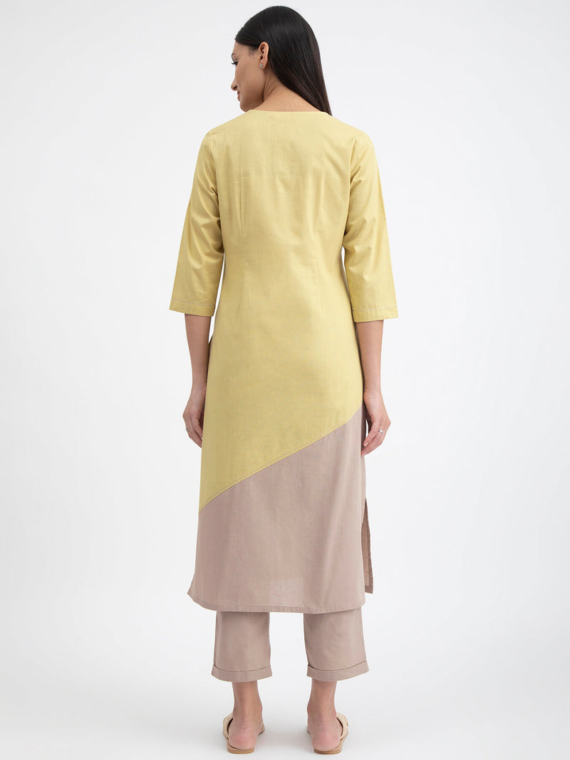 Linen Blend Colour Block Kurta Set - Yellow And Beige