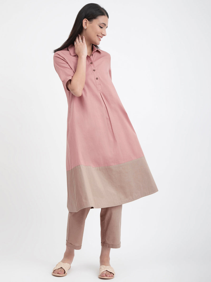 Linen Blend Colour Block Kurta Set - Pink And Beige
