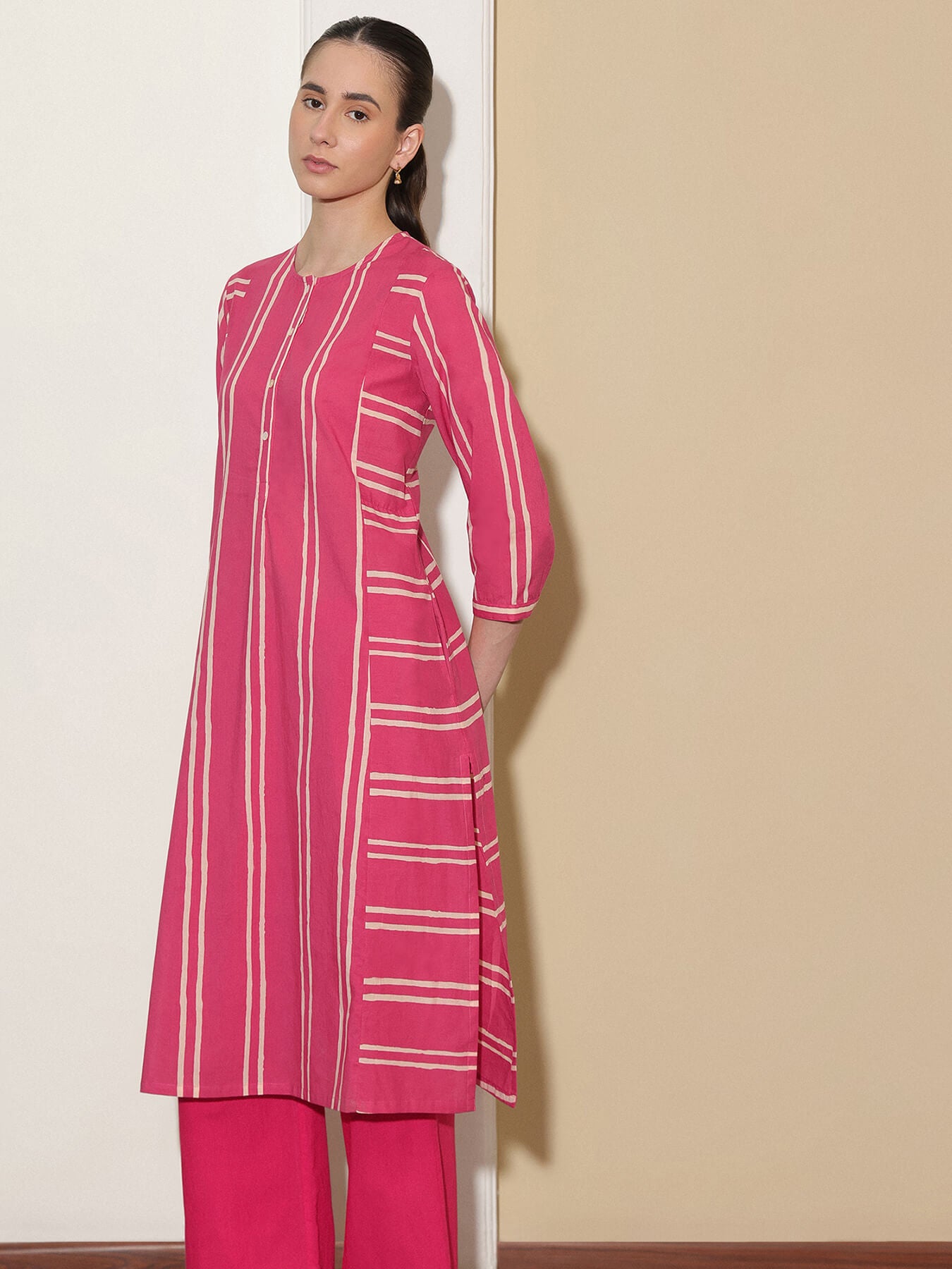 Cotton Dabu Handblock Striped Printed Kurta Set - Pink