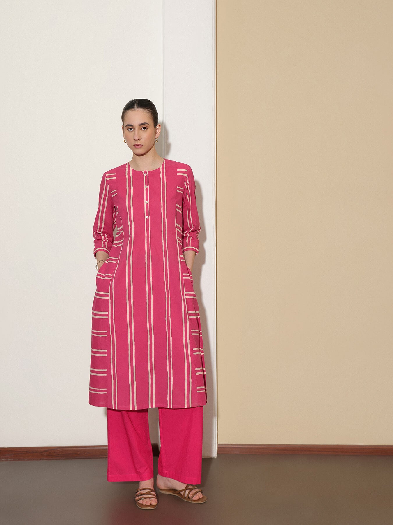 Cotton Dabu Handblock Striped Printed Kurta Set - Pink