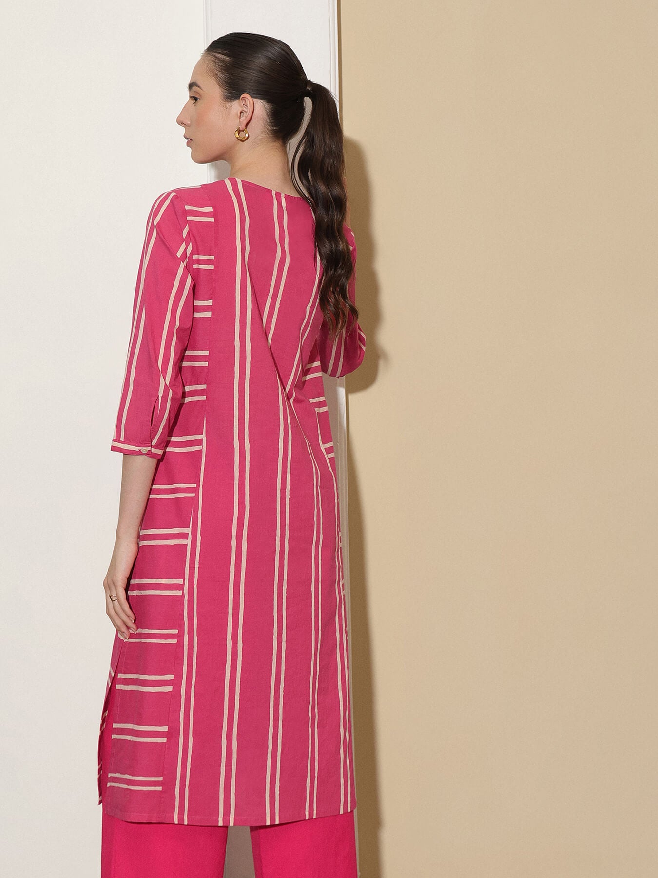 Cotton Dabu Handblock Striped Printed Kurta Set - Pink