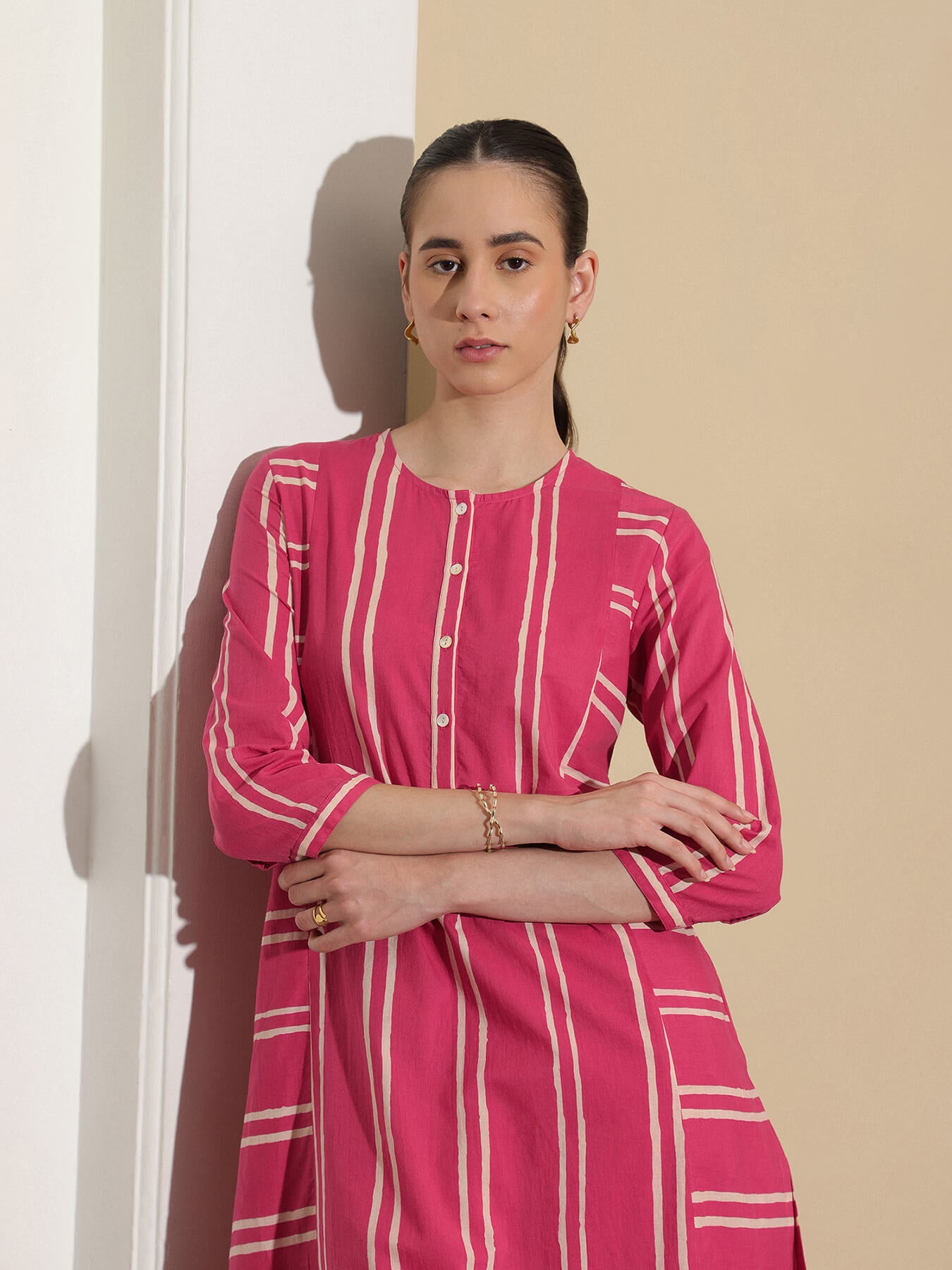 Cotton Dabu Handblock Striped Printed Kurta Set - Pink