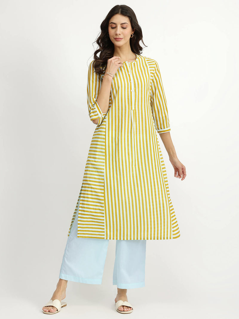 Cotton Stripe Play Kurta Set - Blue & Yellow