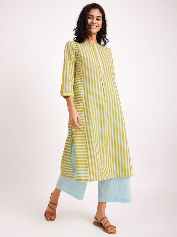 Cotton Stripe Play Kurta Set - Blue & Yellow
