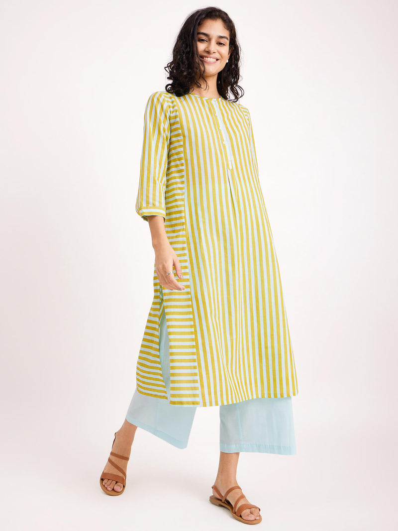 Cotton Stripe Play Kurta Set - Blue & Yellow