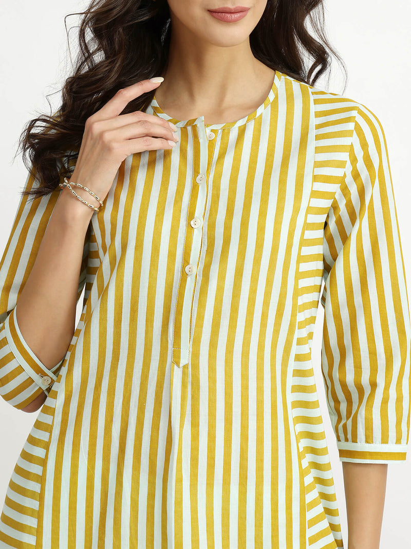 Cotton Stripe Play Kurta Set - Blue & Yellow