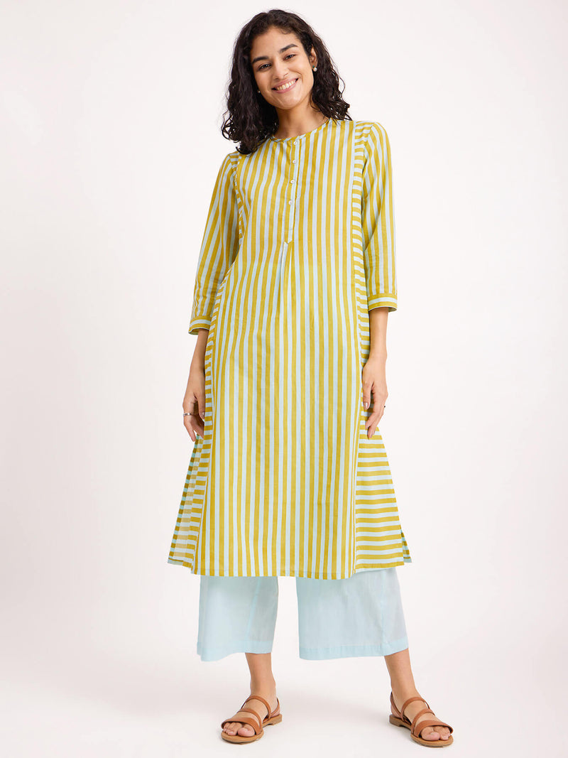 Cotton Stripe Play Kurta Set - Blue & Yellow