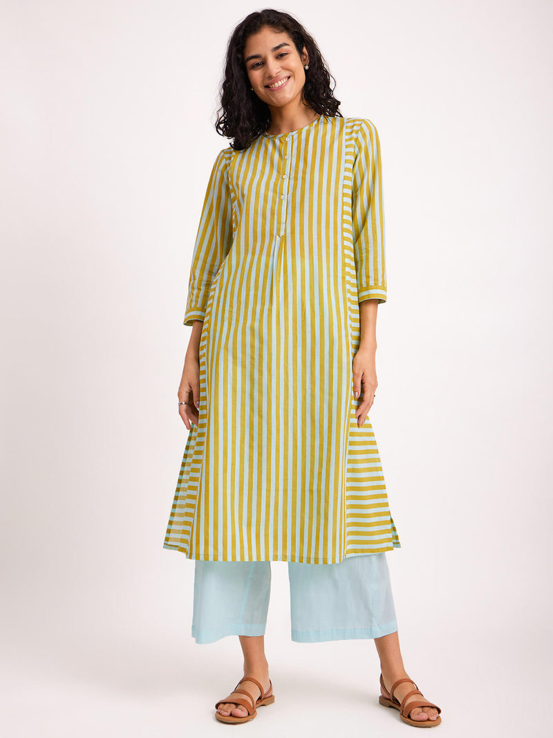 Cotton Stripe Play Kurta Set - Blue & Yellow
