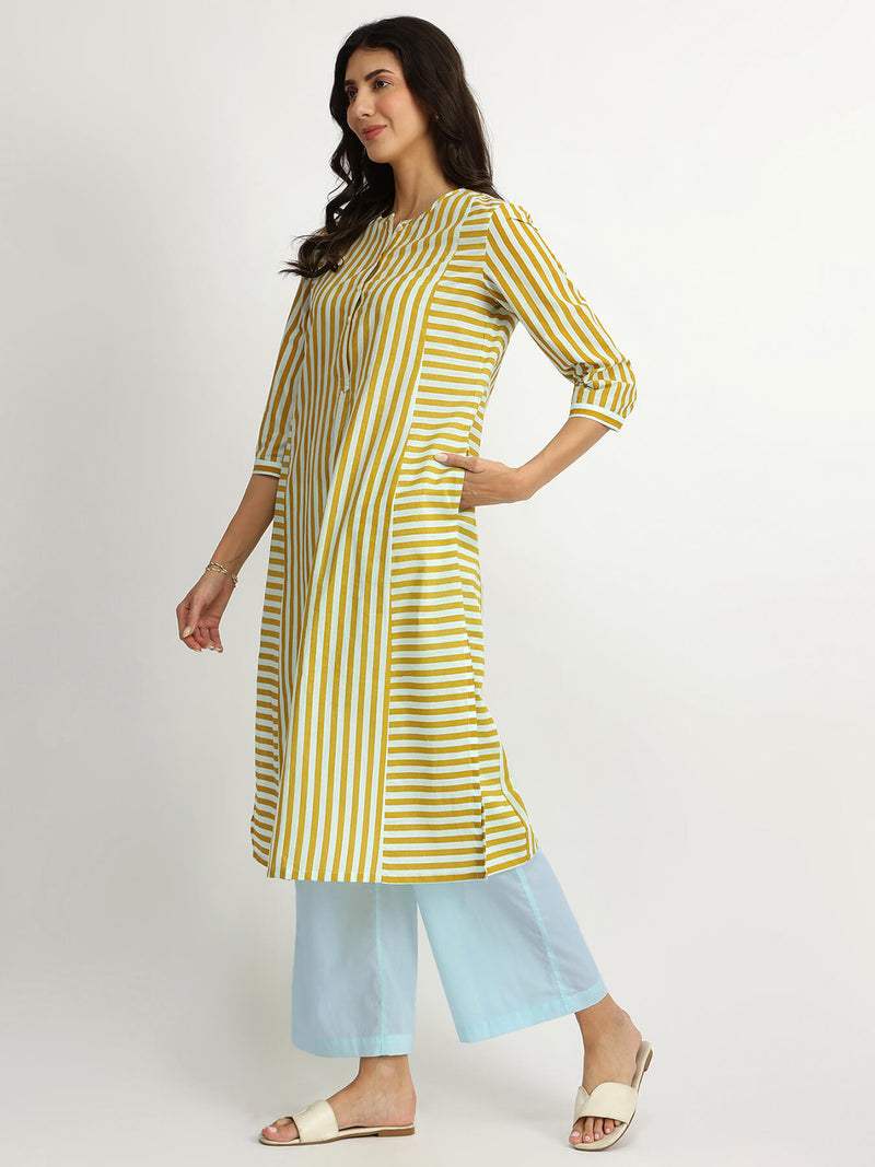 Cotton Stripe Play Kurta Set - Blue & Yellow