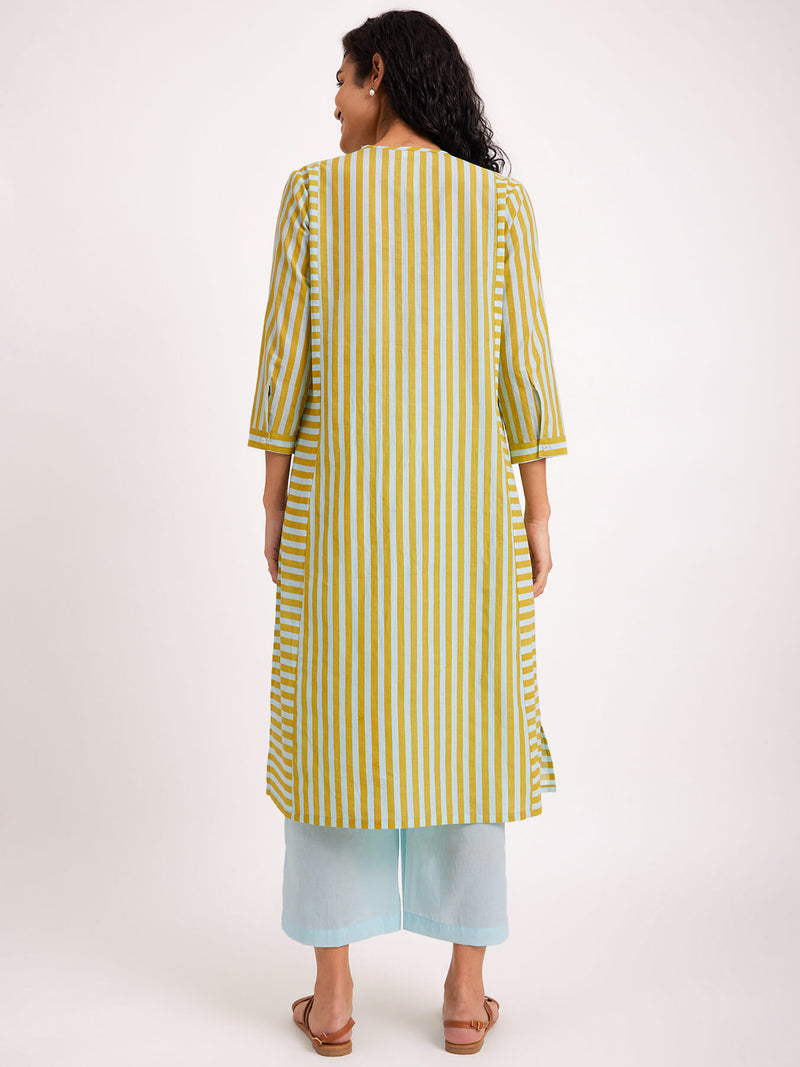 Cotton Stripe Play Kurta Set - Blue & Yellow