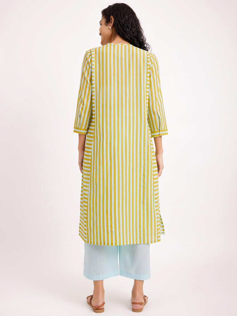 Cotton Stripe Play Kurta Set - Blue & Yellow