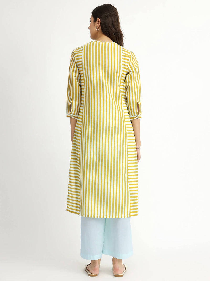 Cotton Stripe Play Kurta Set - Blue & Yellow