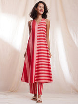 Sleeveless Cotton Poplin Stripe Play Kurta Set - Red & Pink