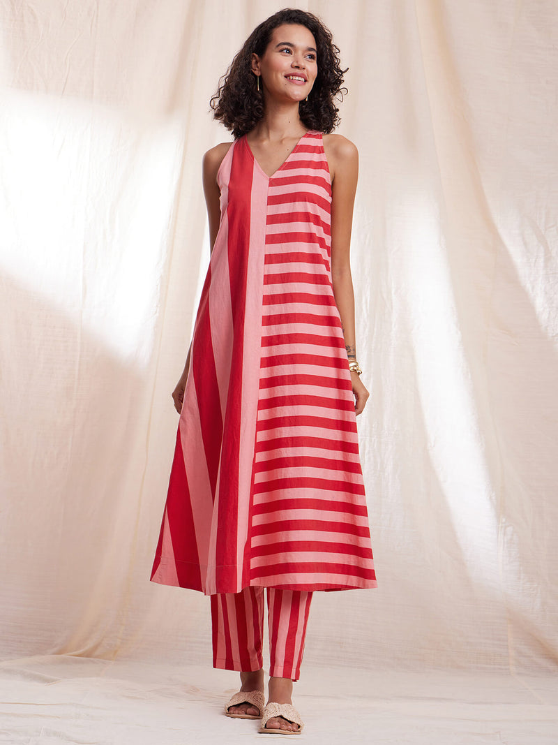 Sleeveless Cotton Poplin Stripe Play Kurta - Red & Pink