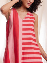 Sleeveless Cotton Poplin Stripe Play Kurta - Red & Pink