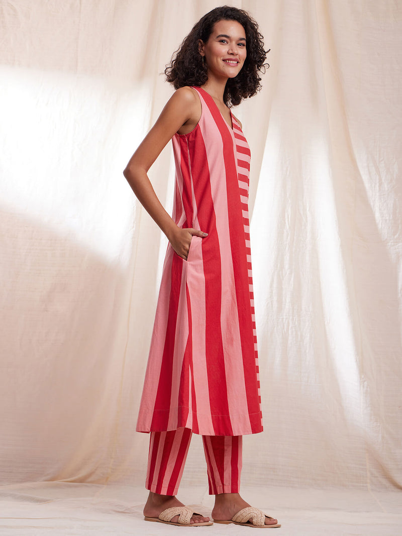Sleeveless Cotton Poplin Stripe Play Kurta - Red & Pink