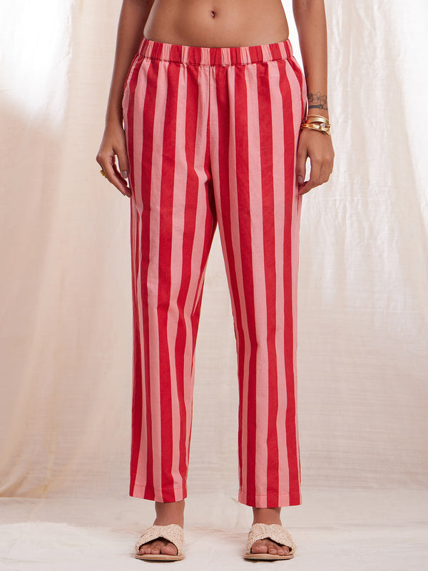 Cotton Poplin Stripe Play Trousers - Red & Pink