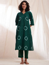 Cotton Tie & Dye A-line Kurta Set - Green