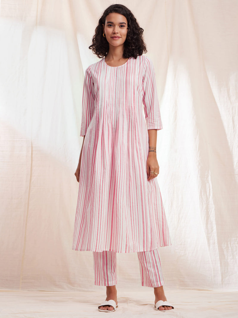Cotton Stripe A-line Kurta Set - Pink & White
