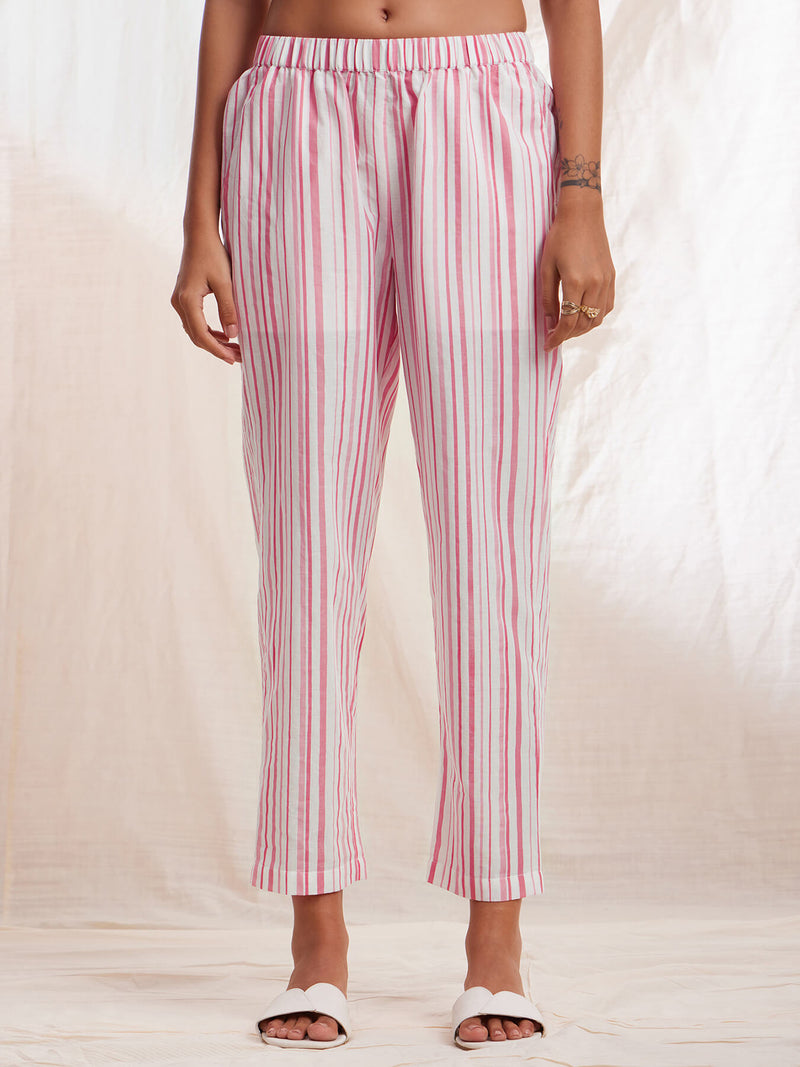Cotton Stripe A-line Kurta Set - Pink & White