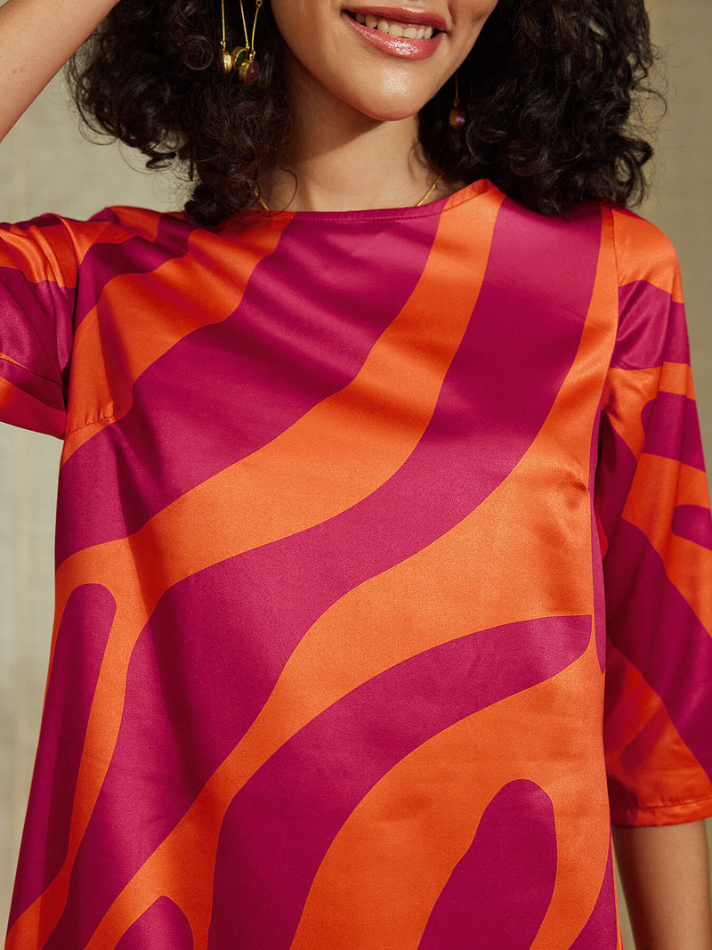 Satin Abstract Print A-line Kurta Set - Orange & Pink