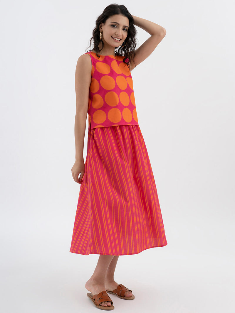 Cotton Poplin Striped A-line Skirt - Pink
