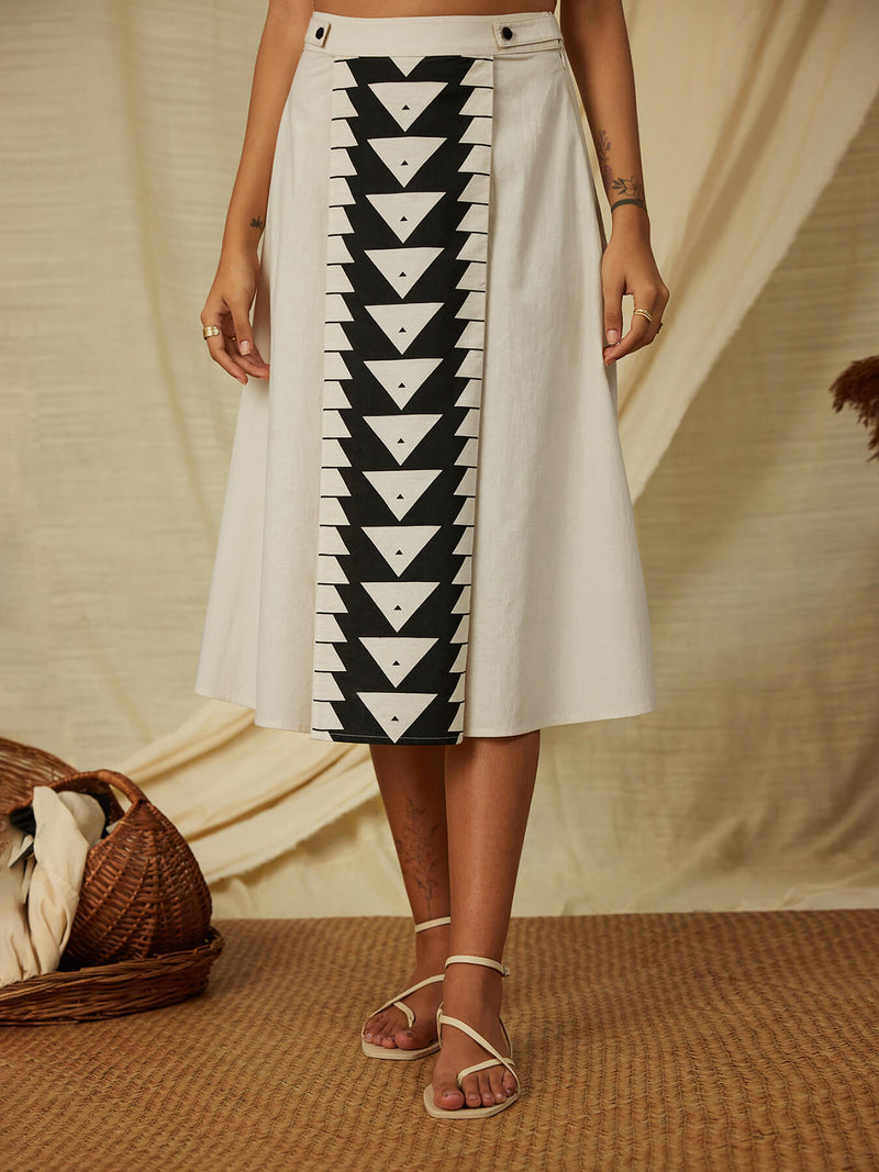 Cotton Poplin Geometric Print Skirt - Cream & Black