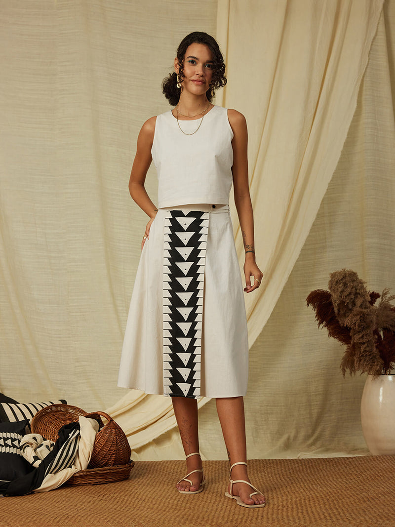Cotton Poplin Geometric Print Skirt - Cream & Black