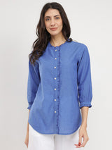 Cotton Handwoven Ruffle Detail Shirt - Blue