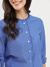 Cotton Handwoven Ruffle Detail Shirt - Blue