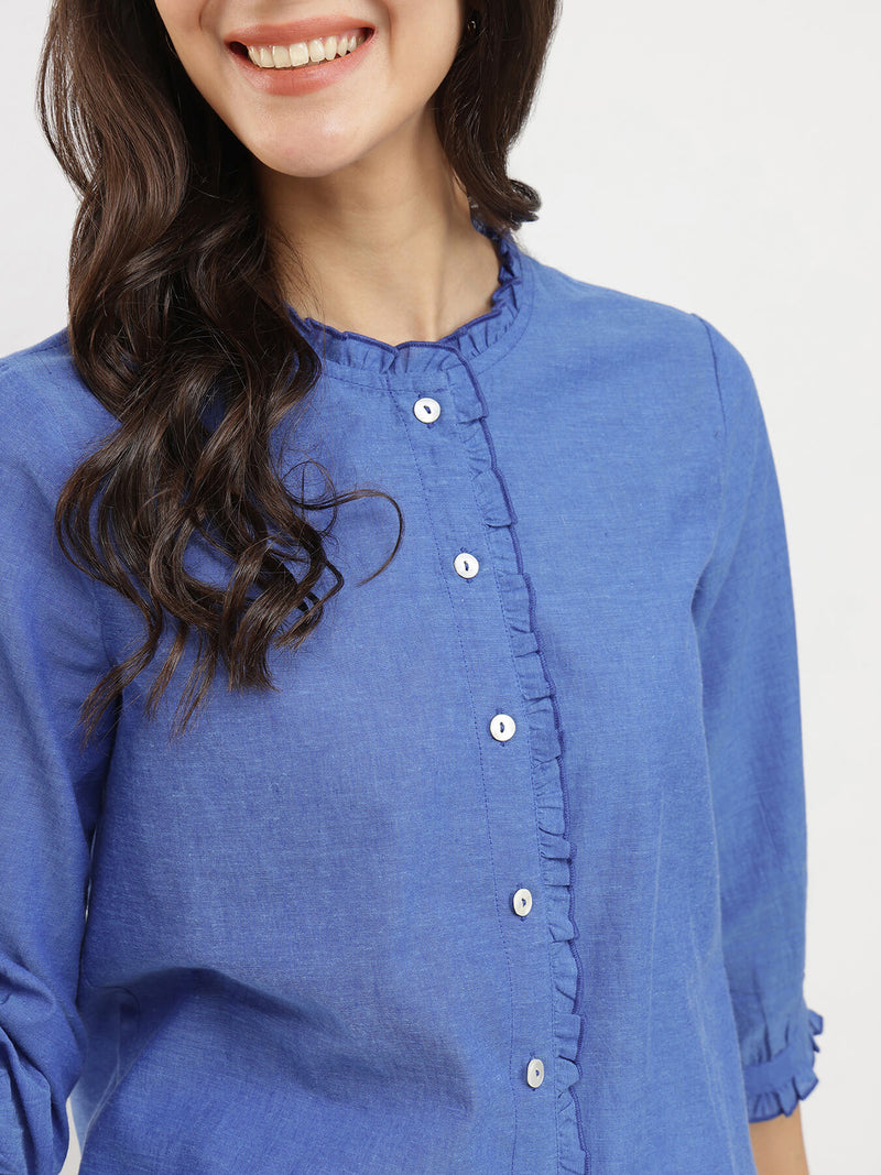 Cotton Handwoven Ruffle Detail Shirt - Blue