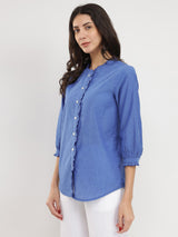 Cotton Handwoven Ruffle Detail Shirt - Blue