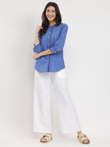 Cotton Handwoven Ruffle Detail Shirt - Blue