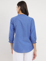 Cotton Handwoven Ruffle Detail Shirt - Blue