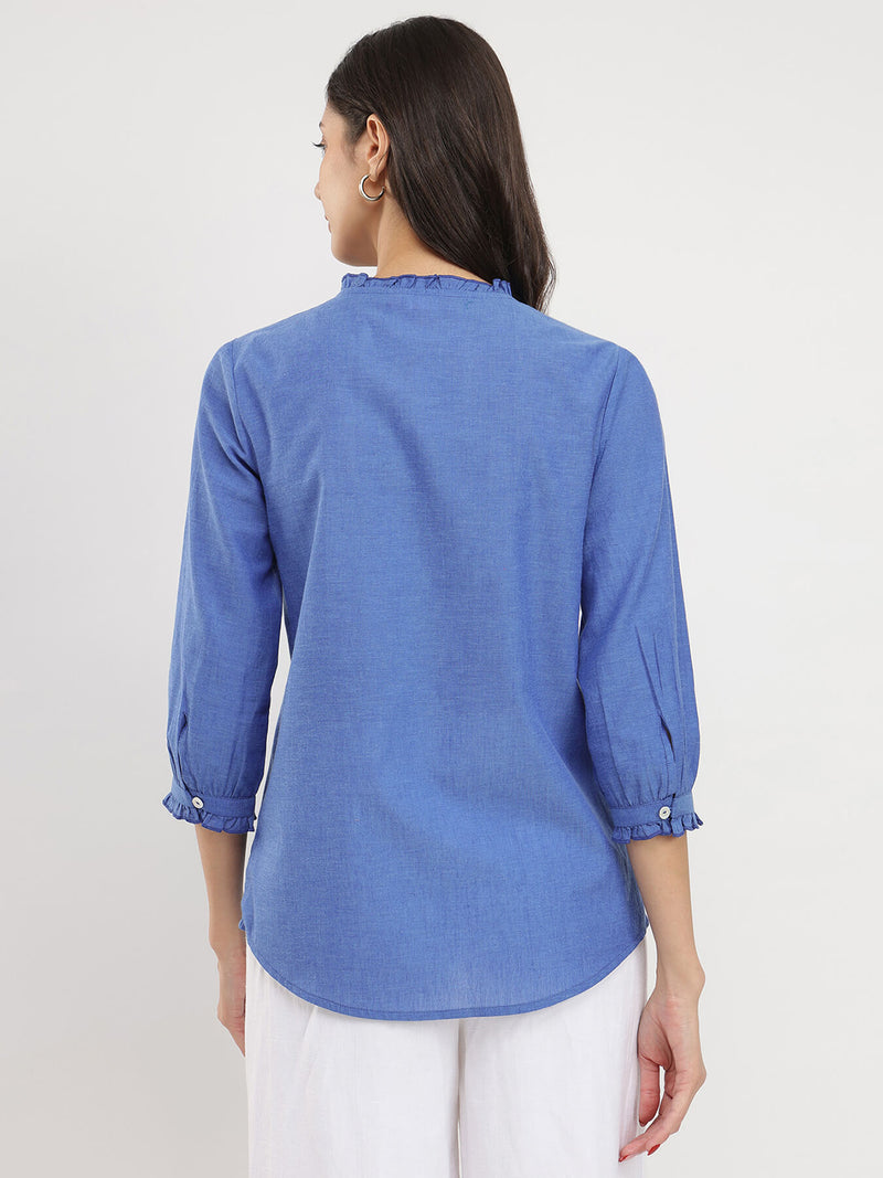 Cotton Handwoven Ruffle Detail Shirt - Blue